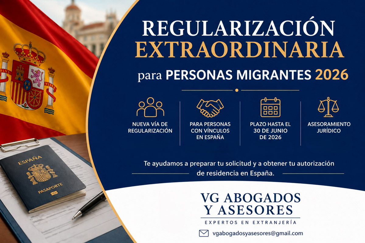 Blue promotional banner announcing 2026 Extraordinary Regularization for migrants, with Spanish flag on the left and a passport on a desk in the foreground.